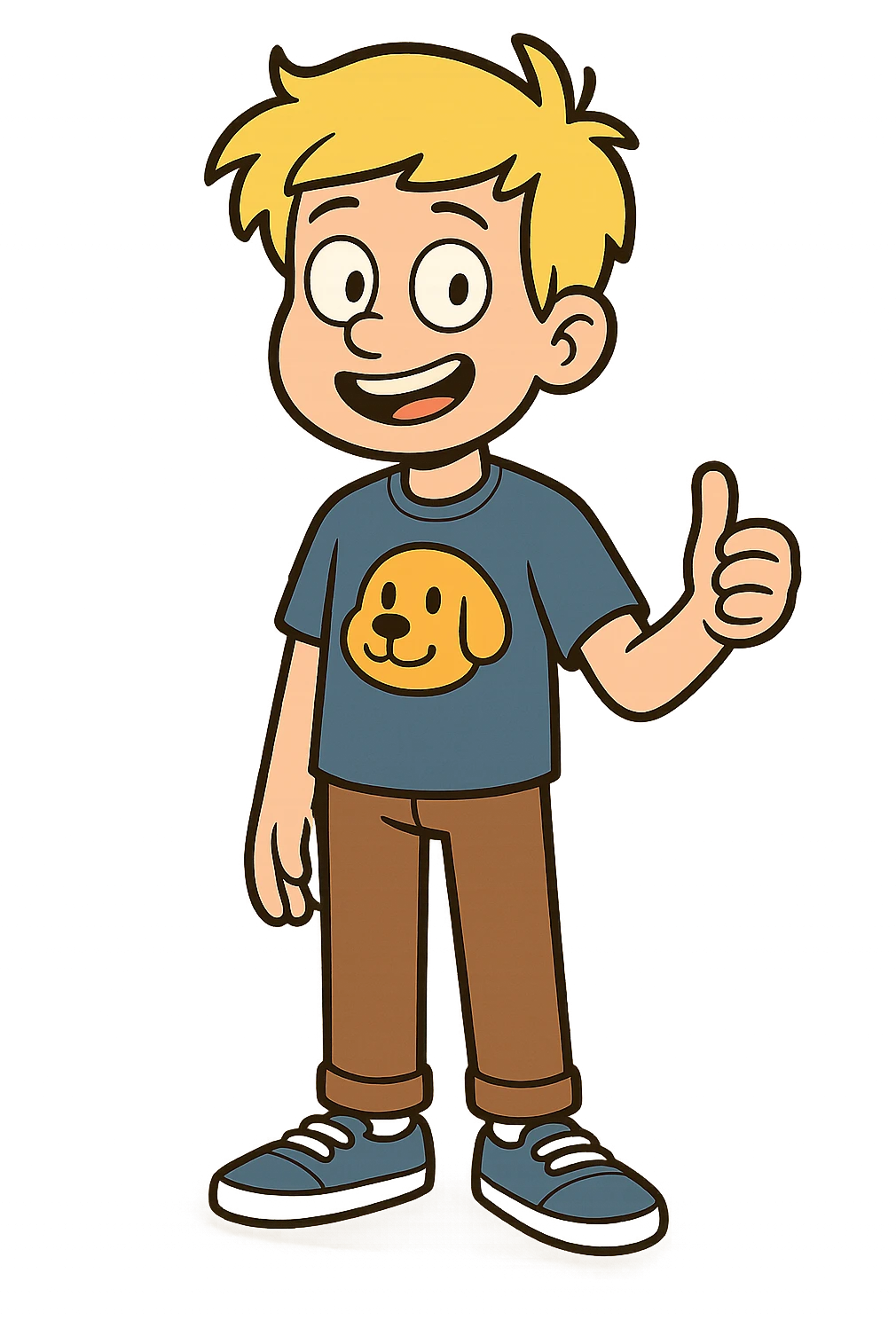 A boy yellow hair dog mascot logo t-shirts brown trousers blue vans shoe  emoji