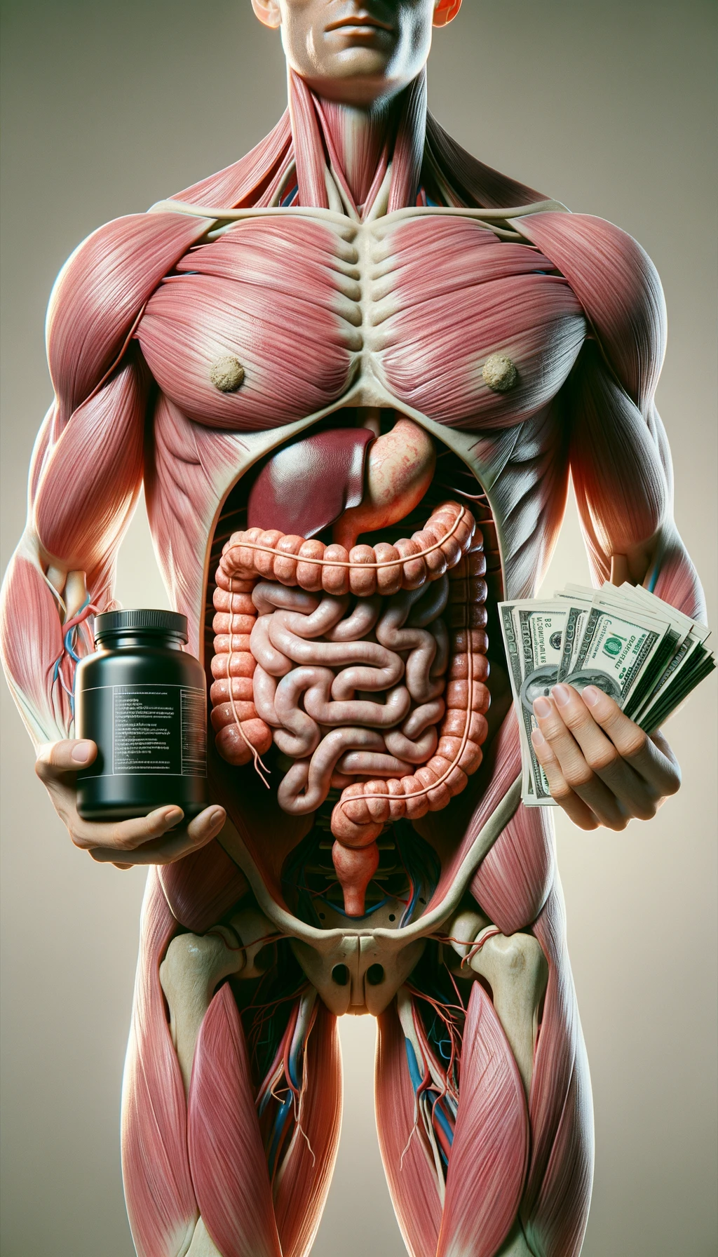 corpo umano anatomico con intestino umano anatomico realistico in evidenza che tiene nella mano destra una boccetta di integratore e nella mano sinistra delle banconote, sfondo neutro chiaro, iperrealistico 4k emoji