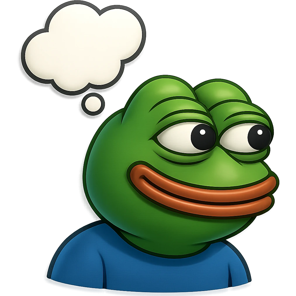 make a pepe in bright green smiling with thought bubble looking at right side in 3d style, good highlights and shadows, drop shadows emoji