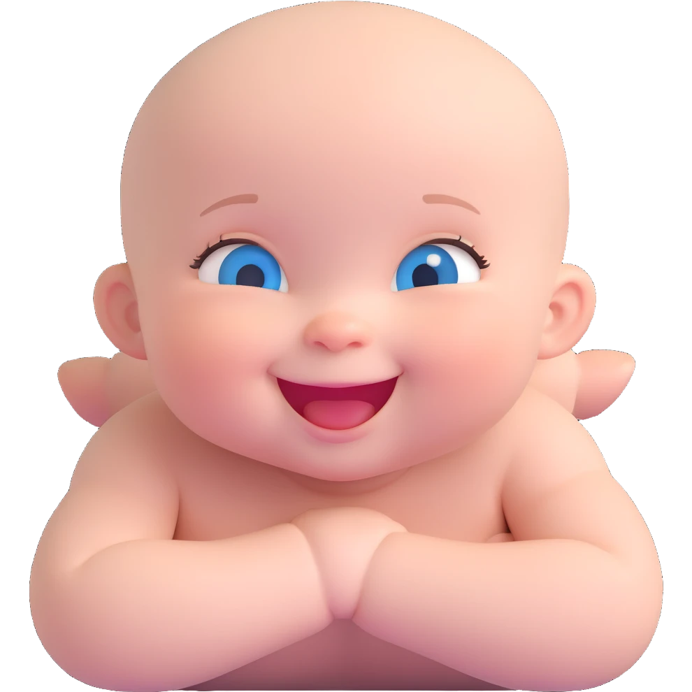 bald baby girl with blue eyes, chubby cheeks, smiling emoji