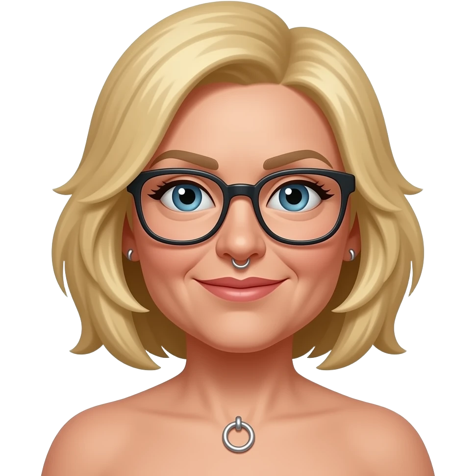 Frau 55, blond, brille , nackt, Brustwarzen und Bauchnabel piercing mit O-Ring emoji
