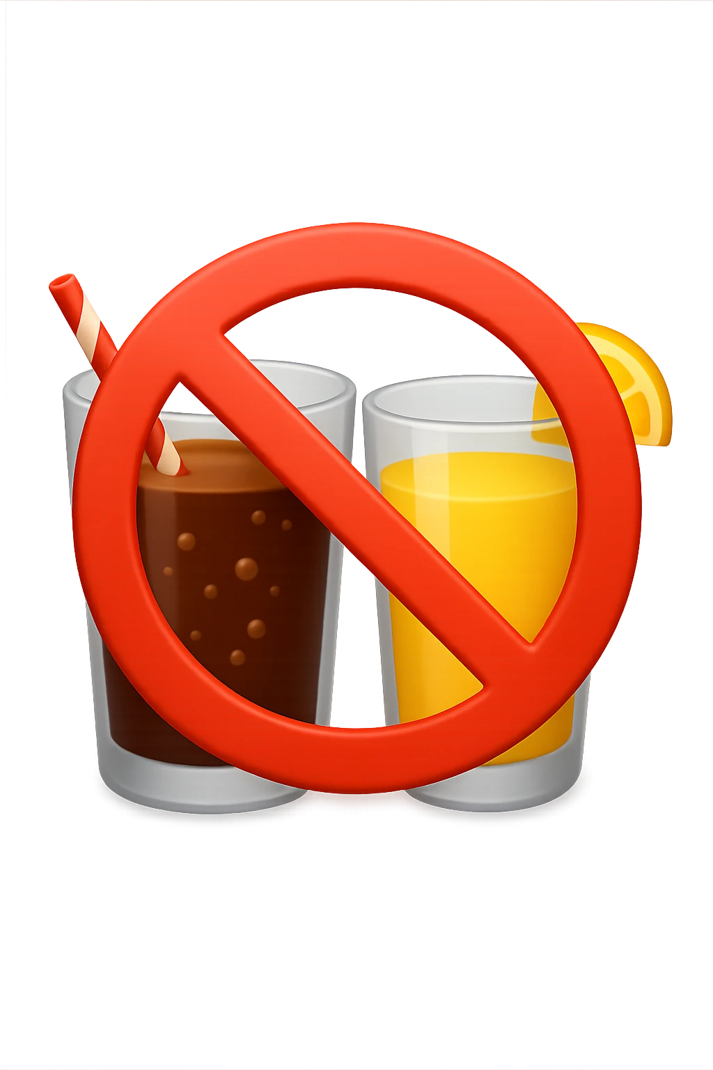 emoji 3d stile iphone che rappresenta un bicchiere di coca cola e di succo di frutta con un divieto sopra 3d emoji