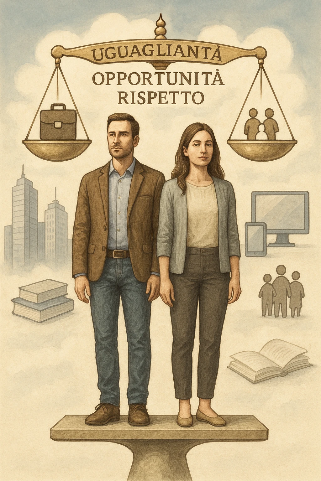 Un uomo e una donna, entrambi tra i 30 e i 40 anni, in piedi fianco a fianco su un piedistallo unico che rappresenta l’equilibrio. Indossano abiti moderni da lavoro o casual, con sguardi determinati e sereni. Sullo sfondo, simboli di società moderna: grattacieli, tecnologia, libri, famiglia. Sopra di loro, una bilancia perfettamente equilibrata con i simboli 'uguaglianza', 'opportunità', 'rispetto'. La scena è armoniosa, luminosa, con colori neutri e un tono positivo. Stile realistico con accenti simbolici in italiano emoji