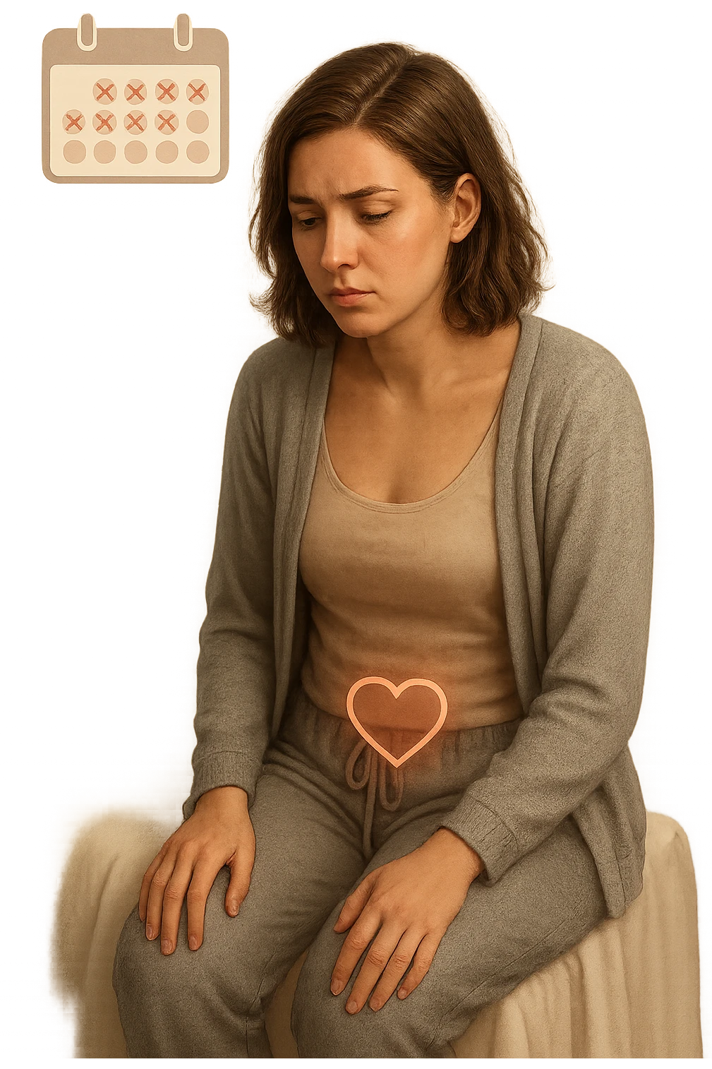 3D realistic medical illustration: a young woman in her 20s or 30s sits on the edge of a bed in a softly lit bedroom, looking thoughtful and slightly concerned. She wears comfortable loungewear, her posture is slouched, and her expression is subdued. Subtle visual cues—such as a faded calendar with missed menstrual cycles and a dimmed heart or energy icon near her abdomen—symbolize low libido and amenorrhea. The scene is realistic, intimate, and empathetic. emoji