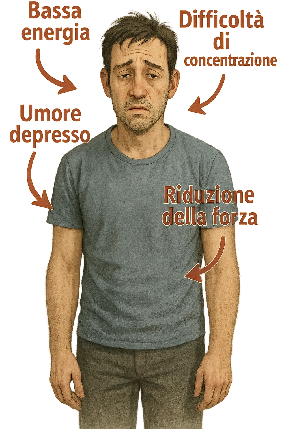  un uomo con espressione affaticata, circondato da frecce rosse che evidenziano sintomi di testosterone basso. Le frecce sono accompagnate da scritte in italiano come “Bassa energia”, “Difficoltà di concentrazione”, “Umore depresso”, “Riduzione della forza”. L’ambiente è semplice, con colori neutri e dettagli realistici. emoji