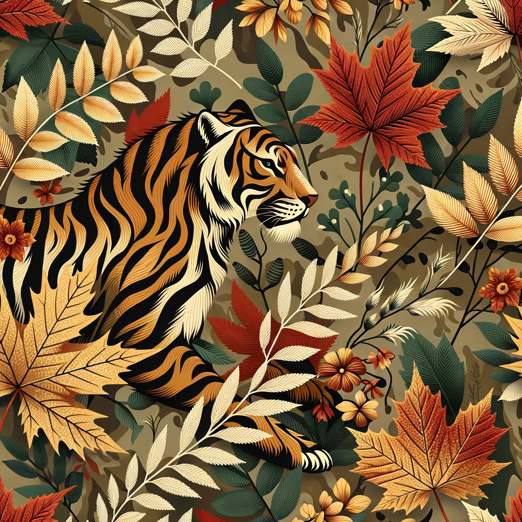design background, camouflage pattern inspired by autumn forest, tiger stripes blended with maple leaves and branches, earthy colors (olive, rust, deep red, golden yellow), seamless design, modern fashion style emoji