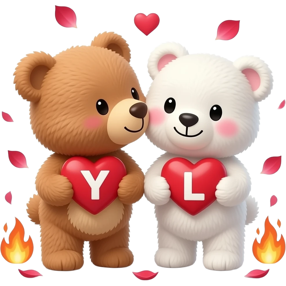 I want one light brown bear teddy kissing on cheek white bear teddy both holding heart , both a little furry, the  white bear blushes and smiles , add letter Y to the heart of the brown bear and letter L to the heart of the white bear , rose petals falling from sky , hearts on fire passion emoji