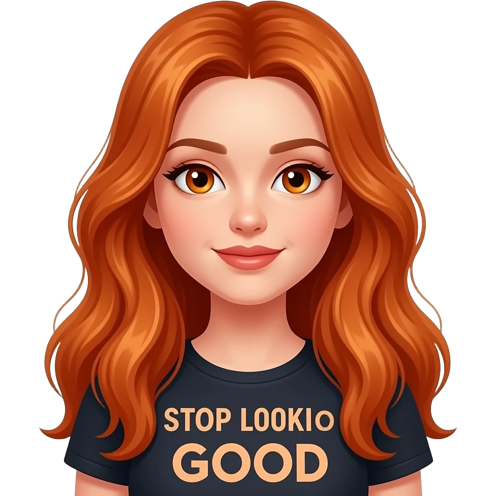 sexy girl with overlong ginger hair and ginger eyes a top with STOP looking so GOOD written on it emoji