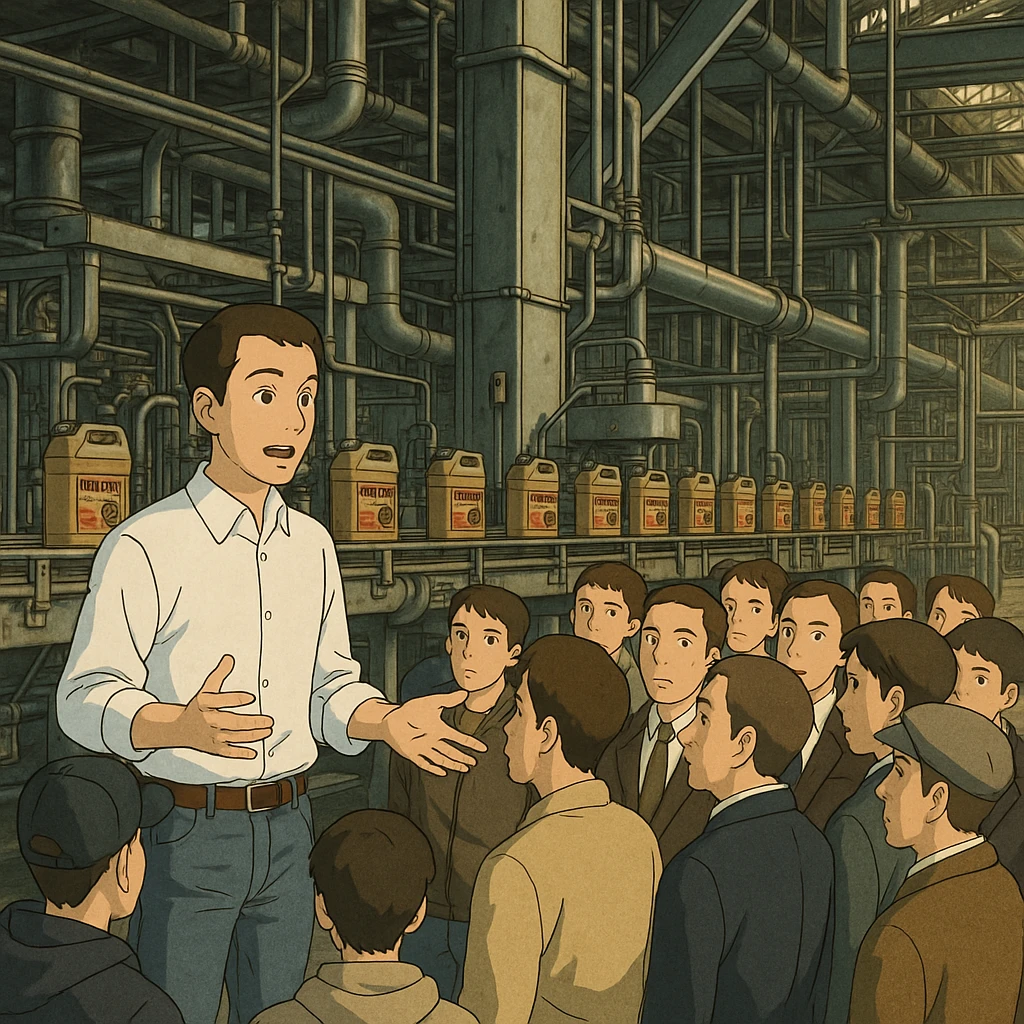 “Create a realistic industrial scene inside a modern motor-oil factory. The image must be in Instagram post size: 1080×1080 pixels, 1:1 ratio.

In the foreground, the factory director is introducing the facility. He is slightly slim, short hair, wearing a clean white men’s shirt and blue jeans, elegant appearance, using hand gestures while explaining.

In front of him, 10–12 male visitors listen attentively; they wear mixed clothing: some streetwear, some casual, some classic suits.

Background shows real production equipment, pipelines, steel structures, and conveyor lines used in motor-oil manufacturing. Use ONLY original Winiron canister design, no other brands. No label changes.

Cinematic lighting, premium look, realistic industrial atmosphere, sharp details, high-quality composition.” emoji