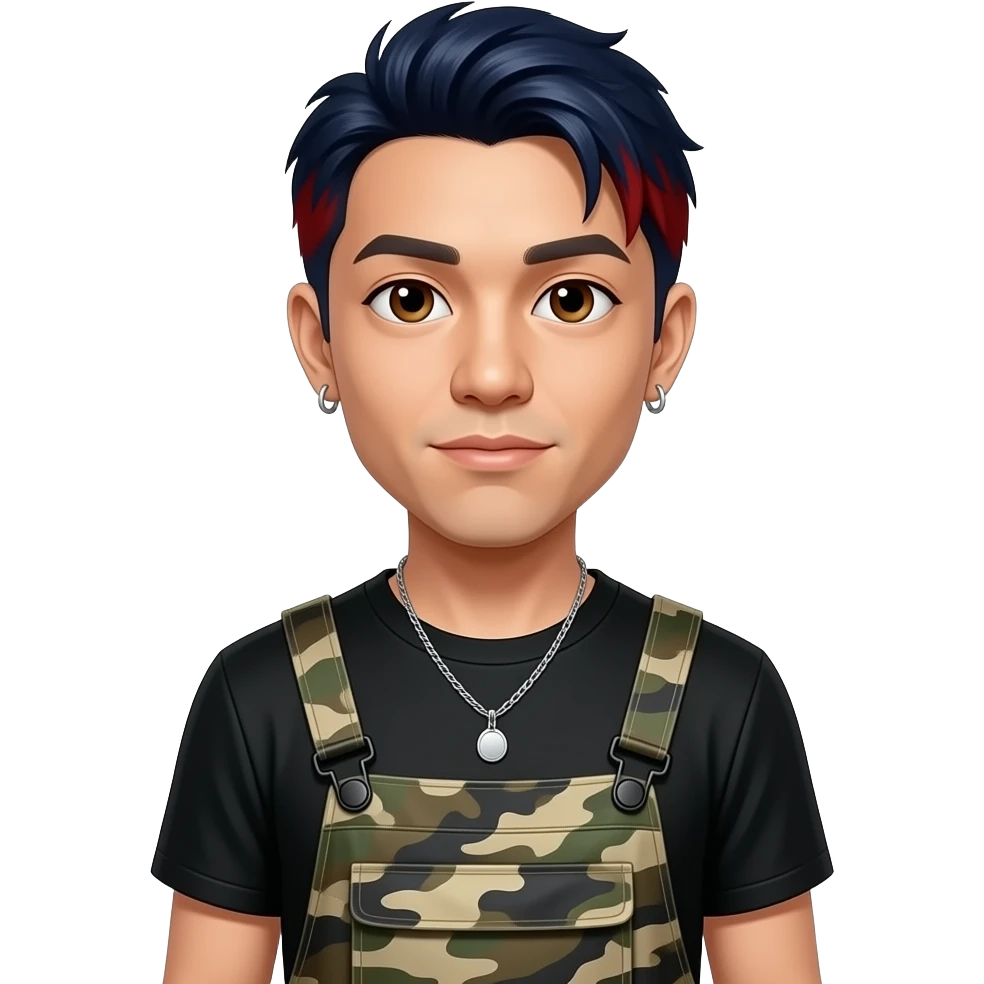 Mike Shinoda with brown eyes, dark indigo hair with red highlights, black metallic t-shirt, camouflage metallic baggy pants, silver necklace and short earrings emoji