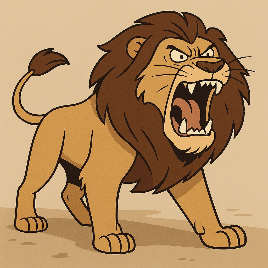 a big, fierce male lion, roaring, cartoon style emoji