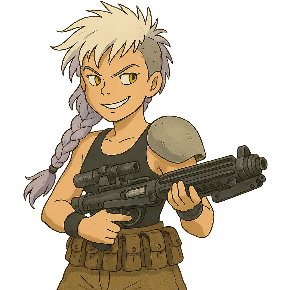 1 FEMALE, GOLD YELLOW EYES, WHITE HAIR LAVENDER TIPS, MESSY LOCKS BANGS MOHAWK, LONG BRAID, small black sports tank top, a single large light gray shoulder pad, tactical belt with many pouches, HOLDING A STORMTROOPER'S E11 BLASTER RIFLE, BRANDISHING, mischevious GLARE, style of star wars original character emoji