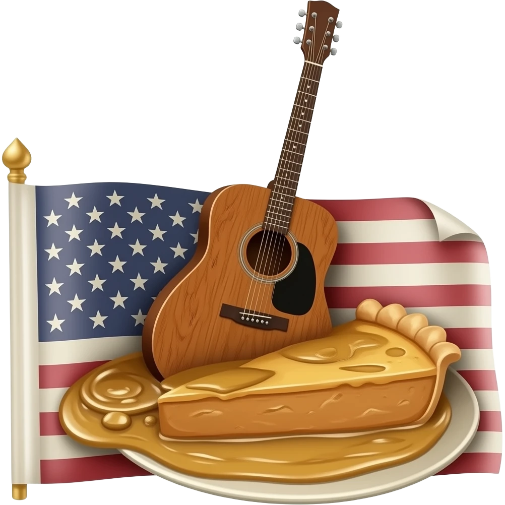 an old guitar dipped in a piece of apple pie placed on a rolled up old American flag emoji
