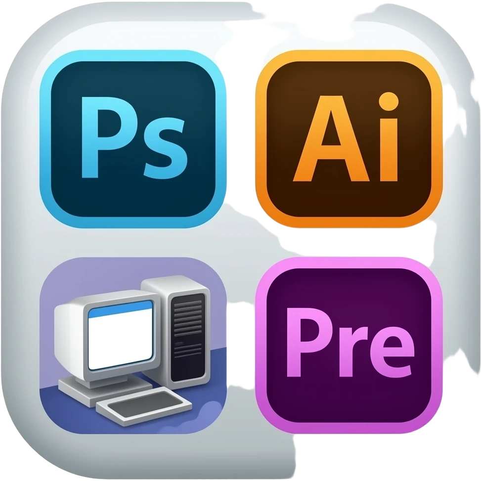 icone avec logo photoshop illustrator premiere pro plus un ordinateur dans un carre emoji