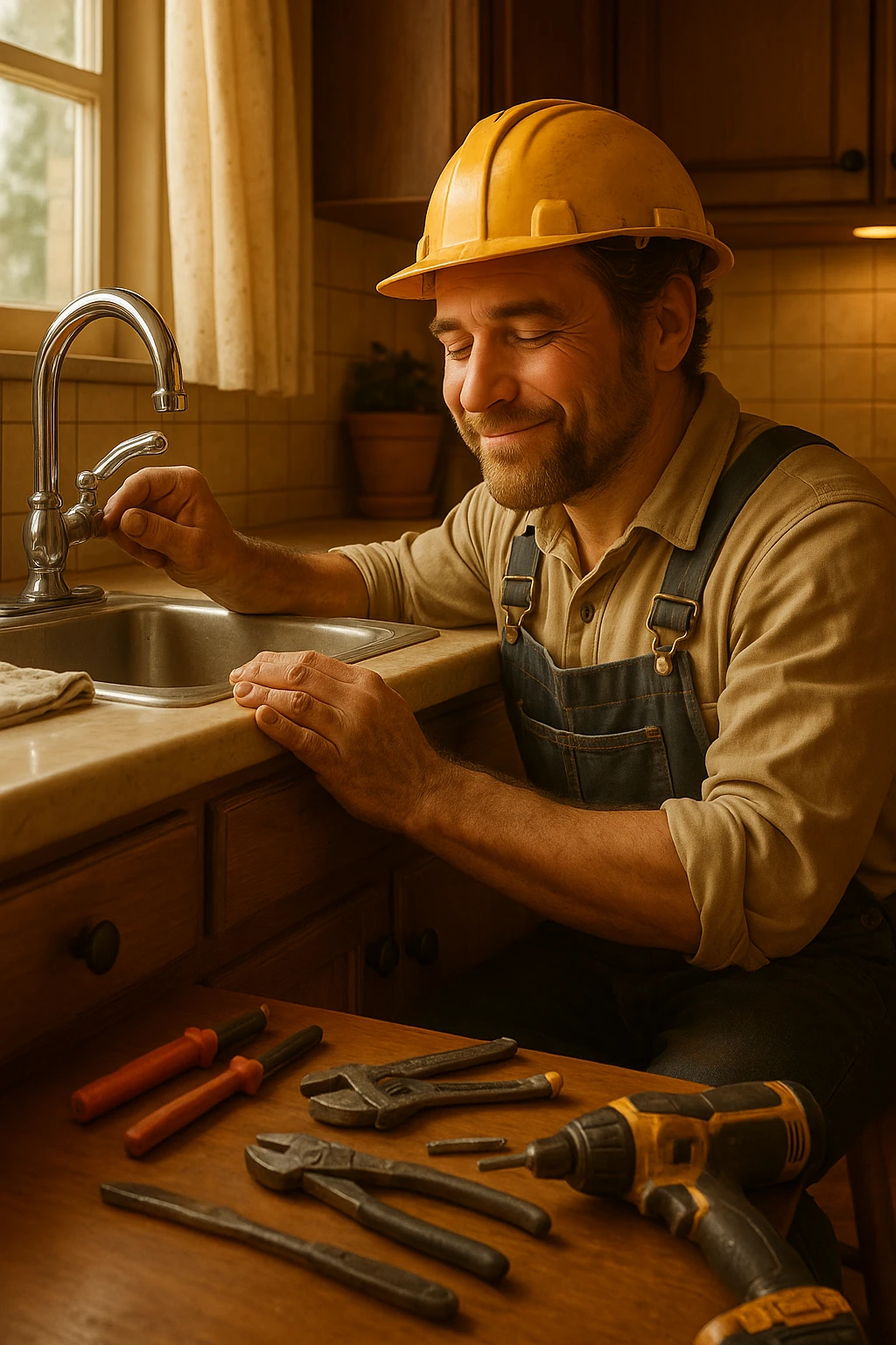 Vertical format, construction worker kneeling by sink, hands dirty, fixing leaky faucet, gentle smile. Version 1. emoji