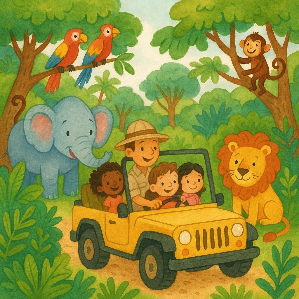 digital illustration of jungle safari in the style of children's story book emoji