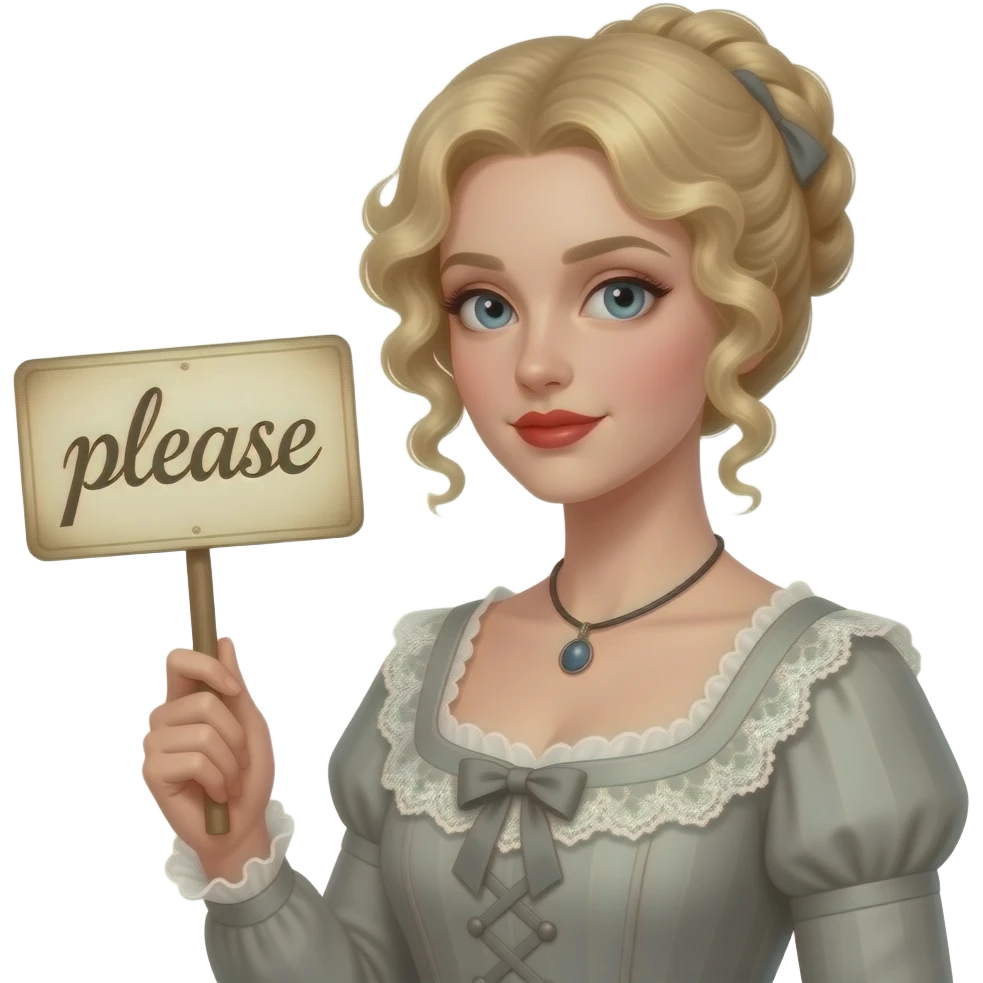 short blonde with spiral curly hair side swept bob pinned up with a vintage sign saying please in an 1800 outfit in red lipstick emoji