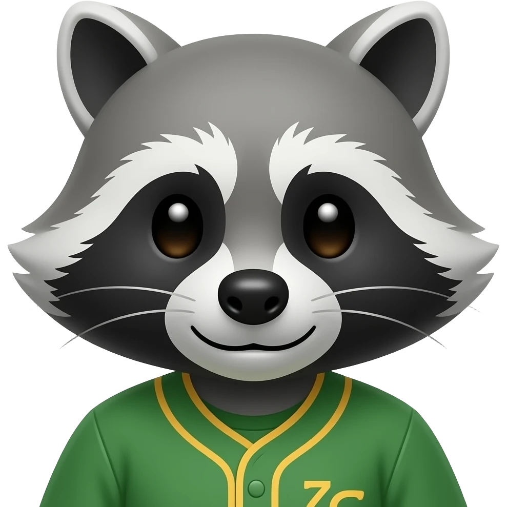 baseball player racoon, closeup with ball, green and yellow jersey emoji
