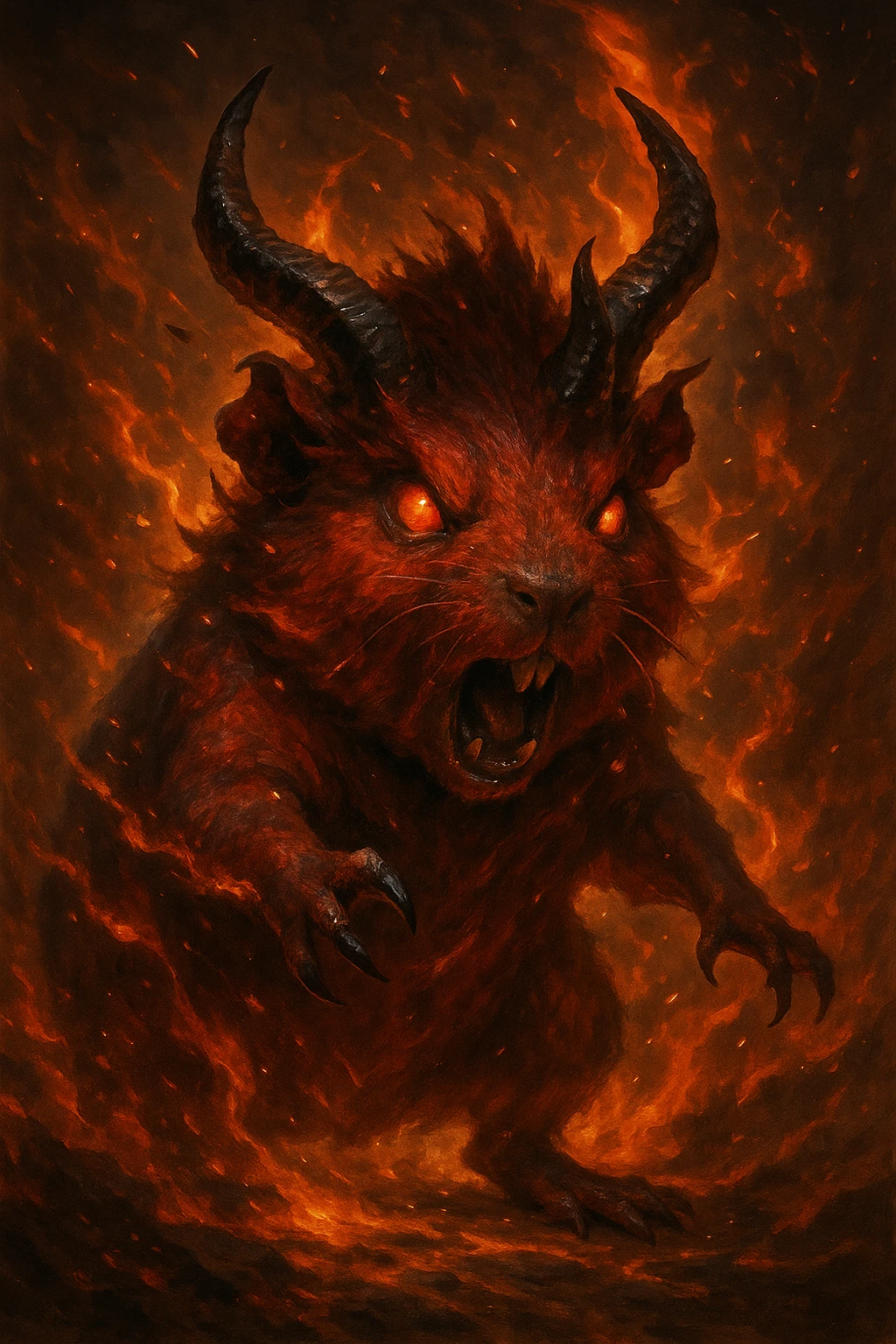 red guinea pig demon with horns and burning effects, dramatic fantasy-inspired style emoji