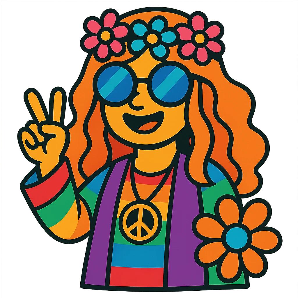flower child, 1960s hippie, colorful, peace sign, flower crown, vibrant, cartoon style emoji