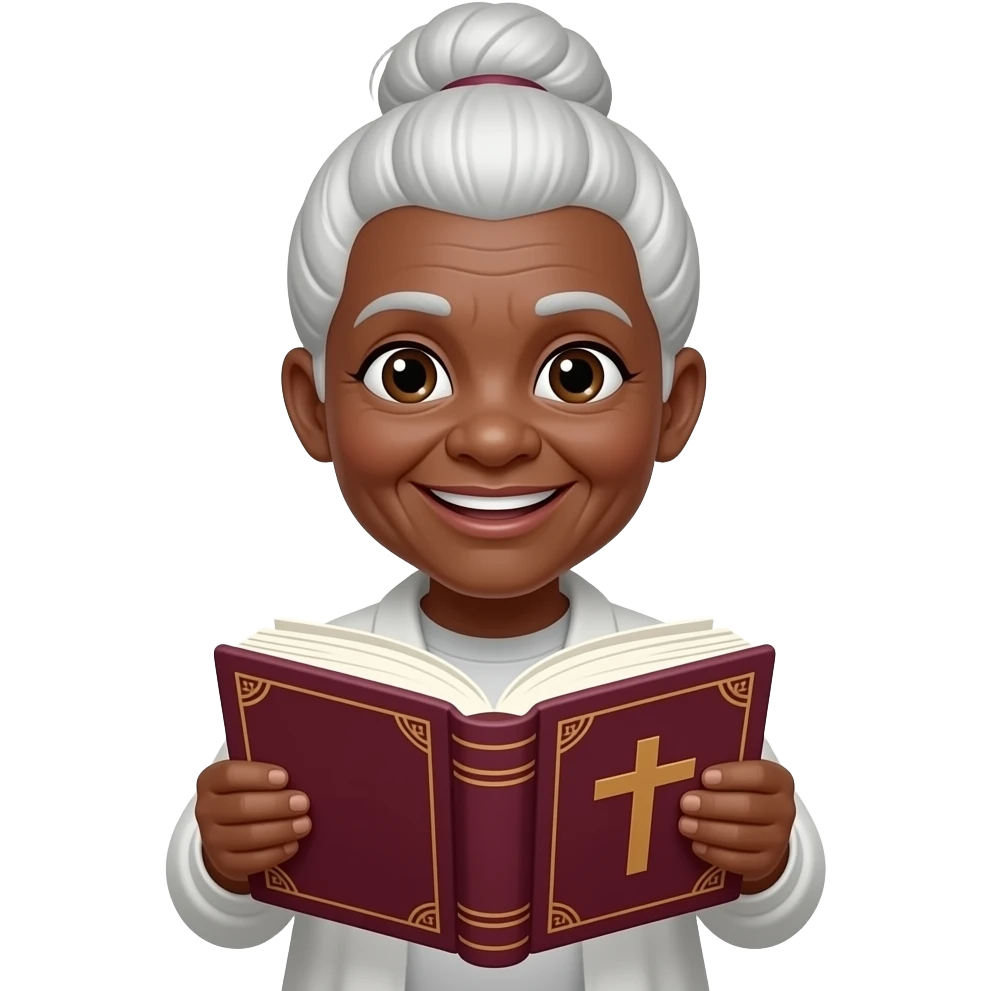 wise old woman with white hair in a bun black skin smile with burgundy book that has a cross on it emoji