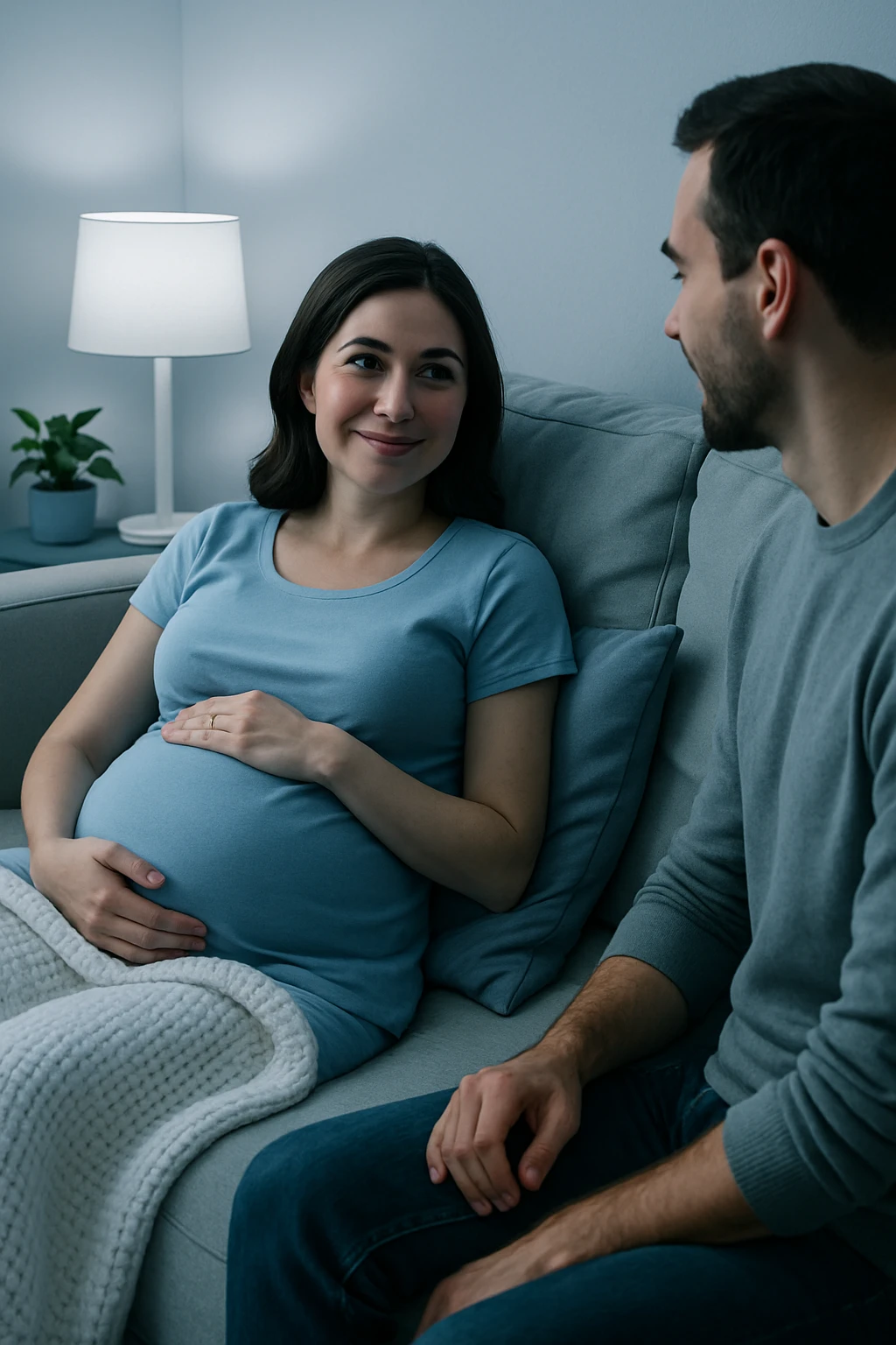 Vertical format, pregnant wife resting on couch, watching husband, peaceful home. Version 2 with different decor or lighting. emoji
