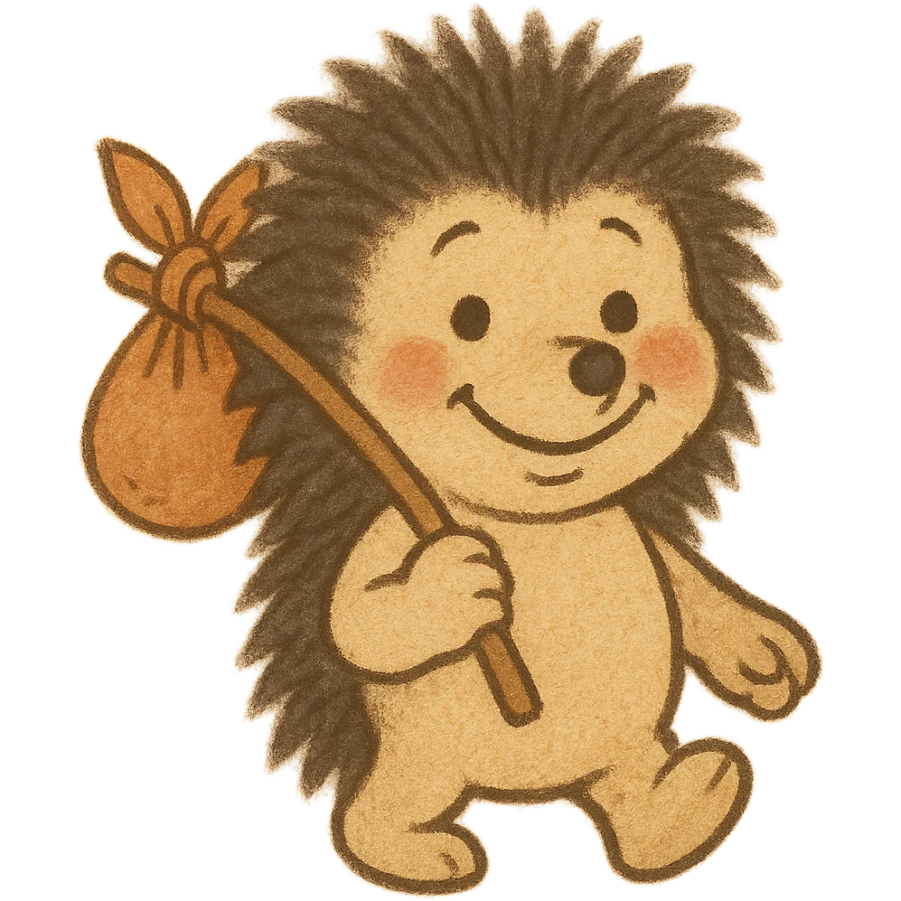 emoji of a smiling hedgehog from a Soviet cartoon, holding a bindle, in the style of Soviet animation with soft colors, transparent background emoji