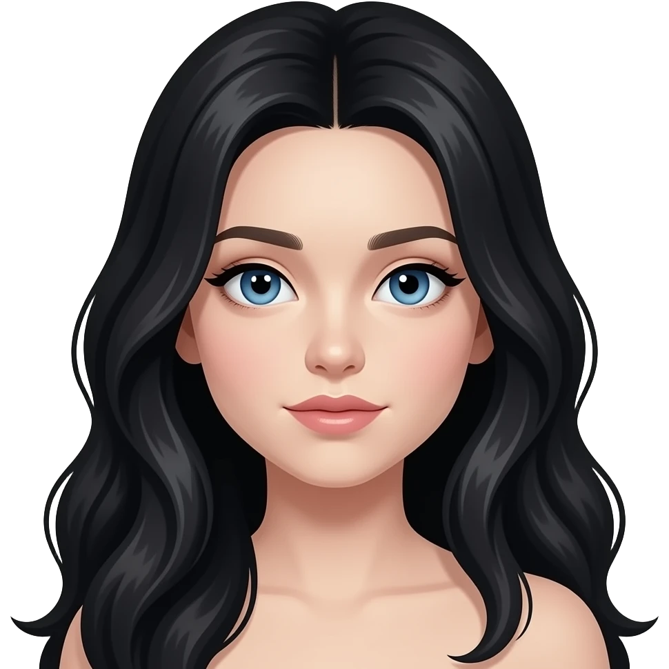 Fille avec longs cheveux noirs légèrement ondulés et yeux bleux, peau SUPERRRR pâle emoji