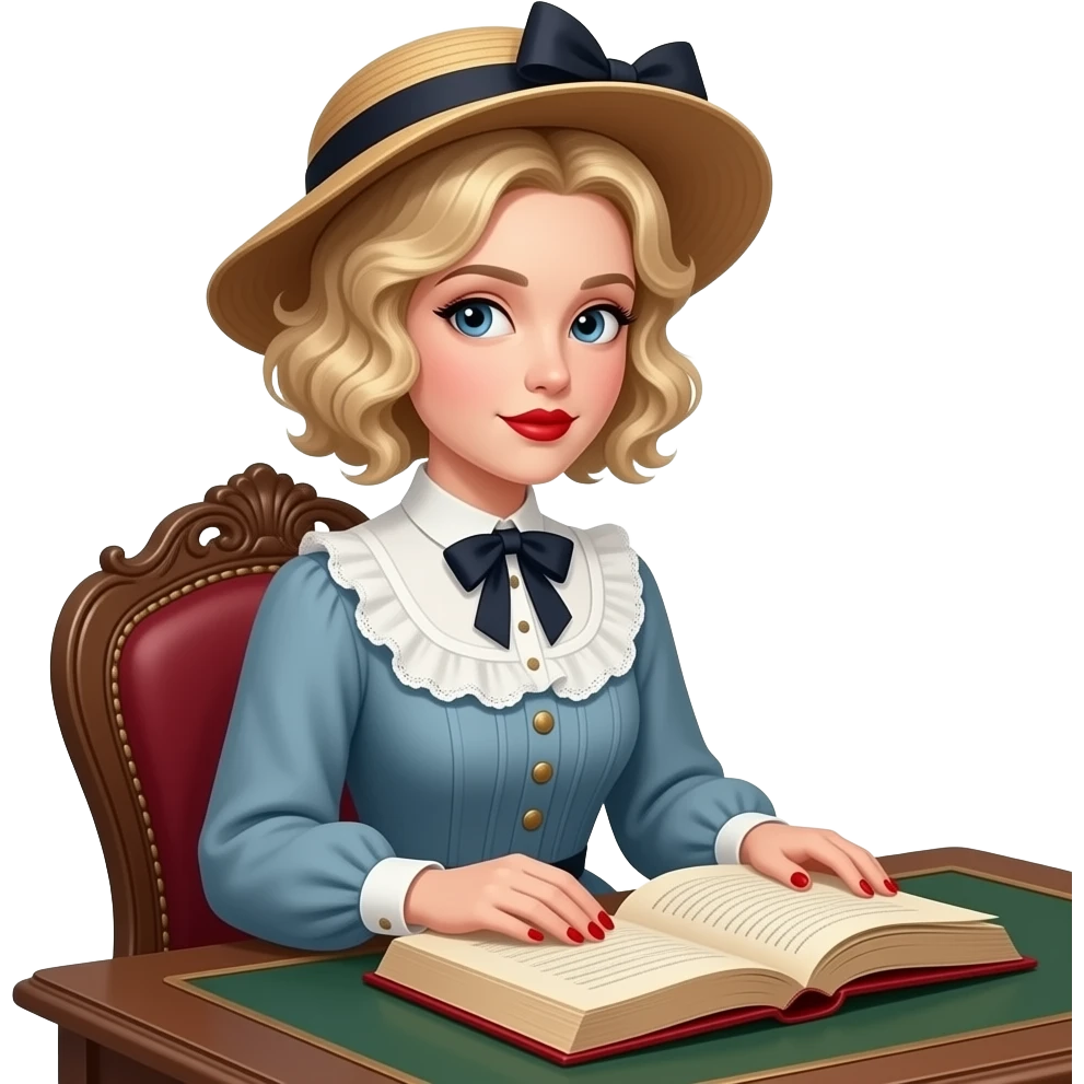 short blonde curly hair side swept bob writing in an antique book, Victorian dress and hat with red lipstick, red finger nail on an antique desk emoji