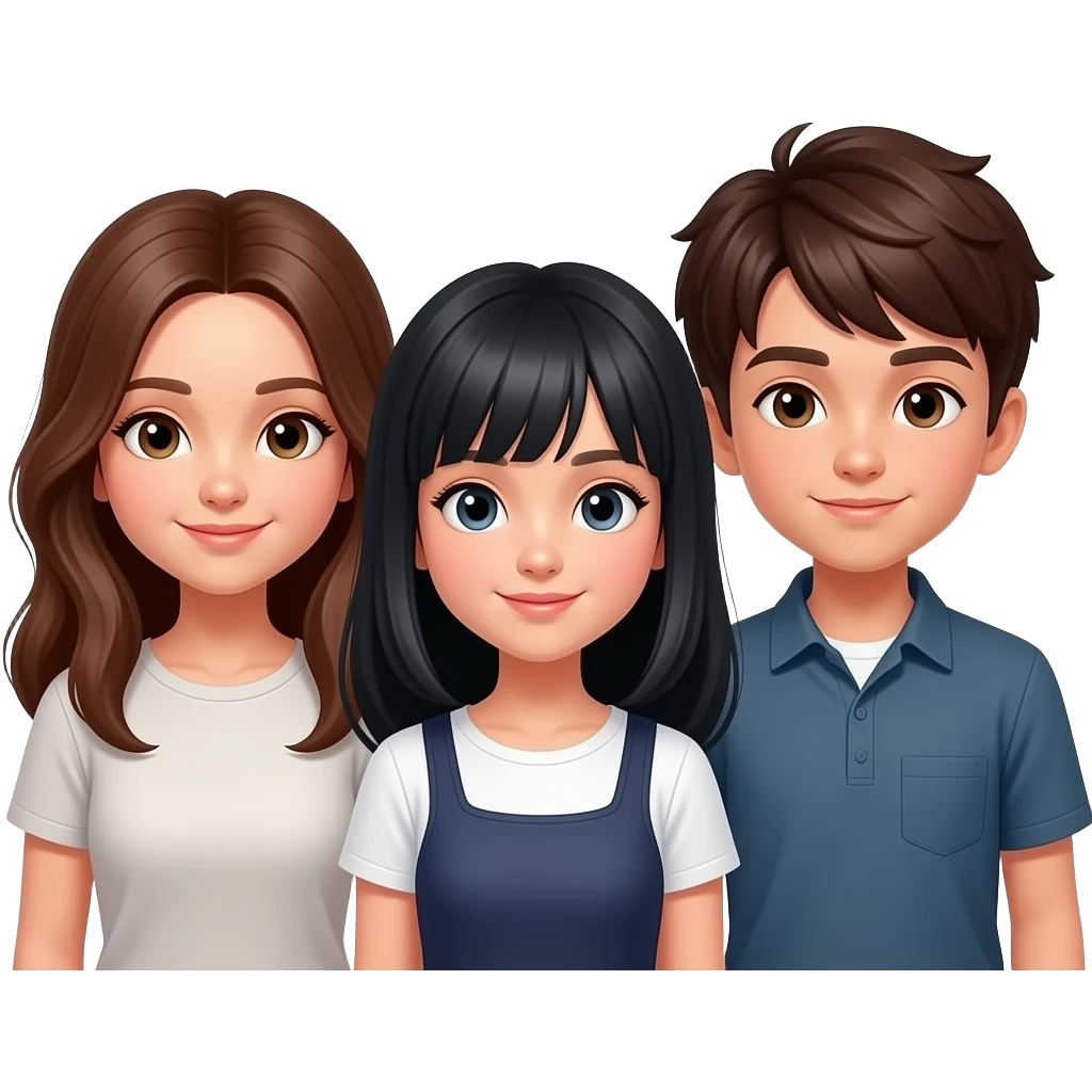 One girl with brown hair, one girl with black hair, and 1 boy with dark brown hair trio emoji