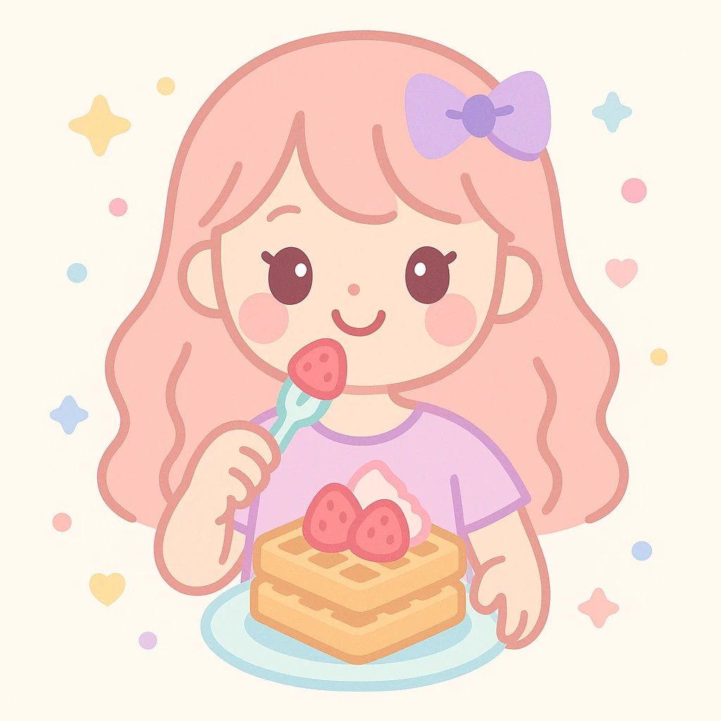chica sonriente comiendo wafles con frutilla, estilo soft girl, ambiente acogedor, colores pastel emoji