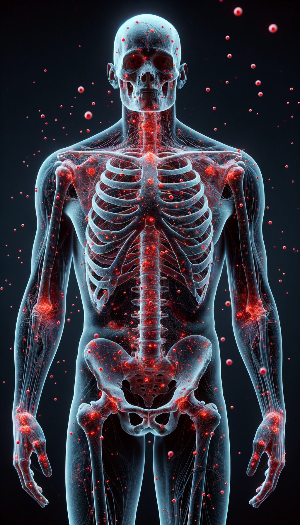 CORPO UMANO ANATOMICO CON RED SPOT DI INFIAMMAZIONE SPARSI SUL CORPO, iperrealistico 4k emoji