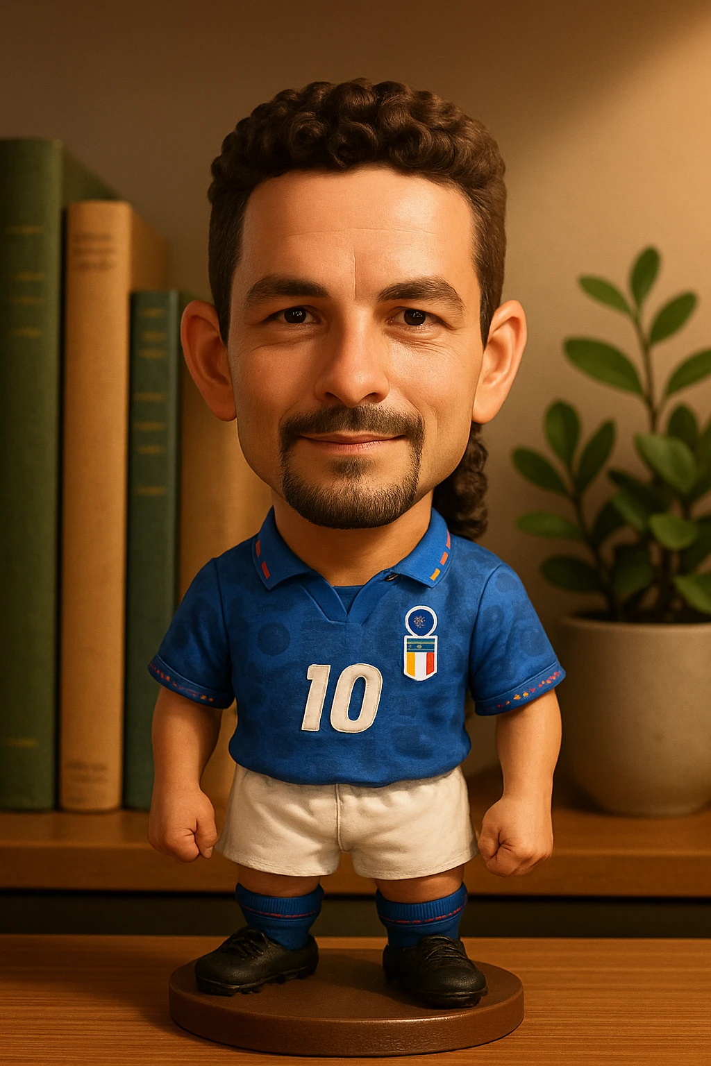 Роберто Банджо в форме сборной Италии 1994 смотрит на прямо на зрителя и слегка улыбается, освещение с левой верхней стороны кадра emoji