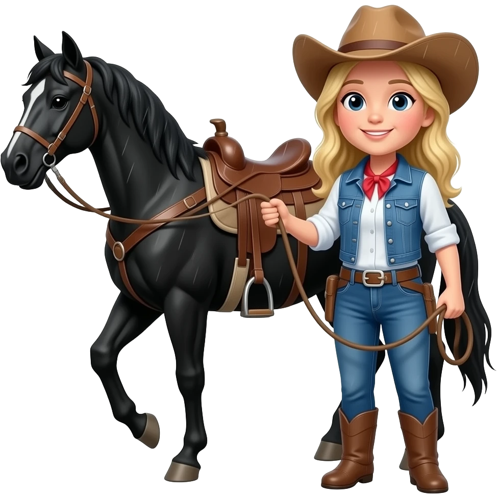 Blonde cowgirl leading black horse in the rain emoji
