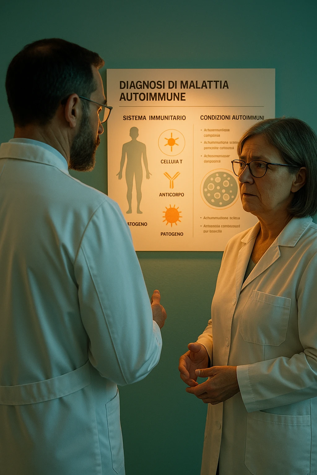 Foto tutta in italiano Realistic, detailed photo taken from behind of one doctor e un paziente —a bearded man and a middle-aged woman—standing and facing each other as they discuss an autoimmune disease diagnosis in front of a medical chart that displays information about the immune system and autoimmune conditions. The scene is illuminated by a yellowish, orange, warm light that softly envelops the doctors. The entire room is bathed in a single green-blue color, creating a cohesive and modern atmosphere. Both doctors wear white coats, and their body language suggests a serious, professional conversation about the complexities of autoimmune diseases. Shot with a Canon EOS R5, with high detail and natural depth of field. scritto in italiano emoji