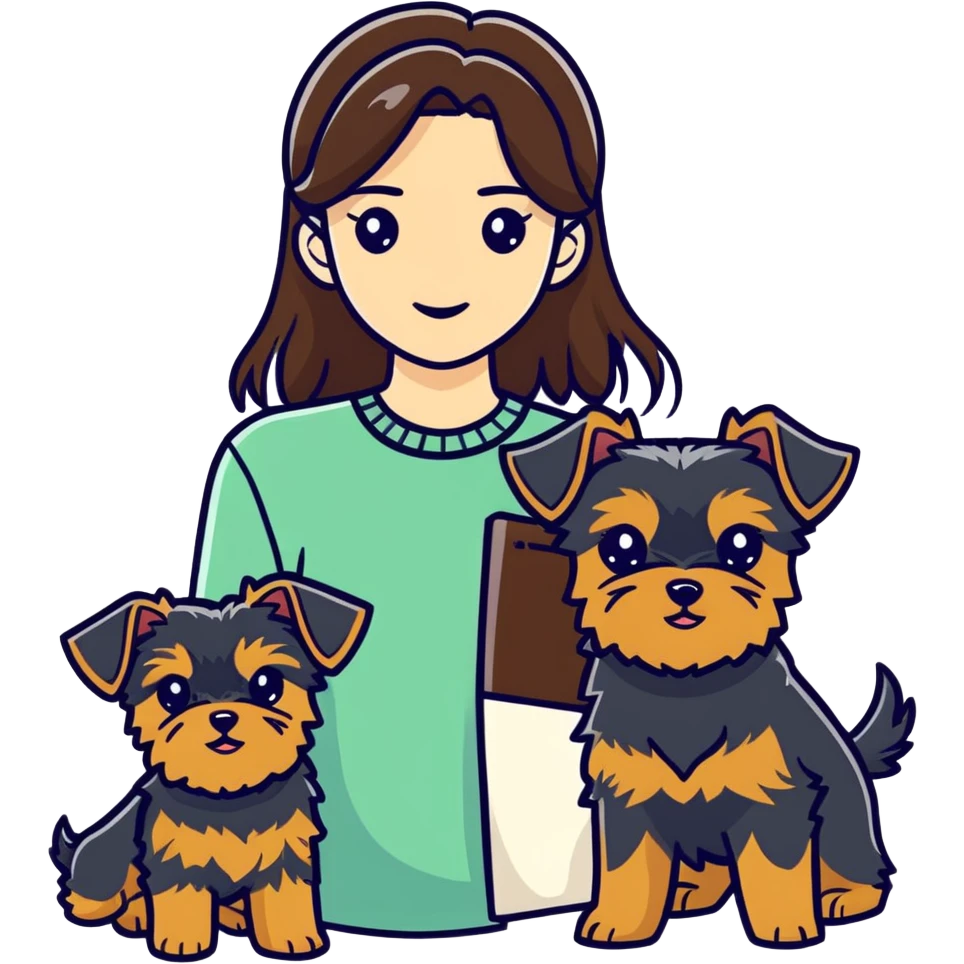 Brunette female with 2 yorkiea emoji