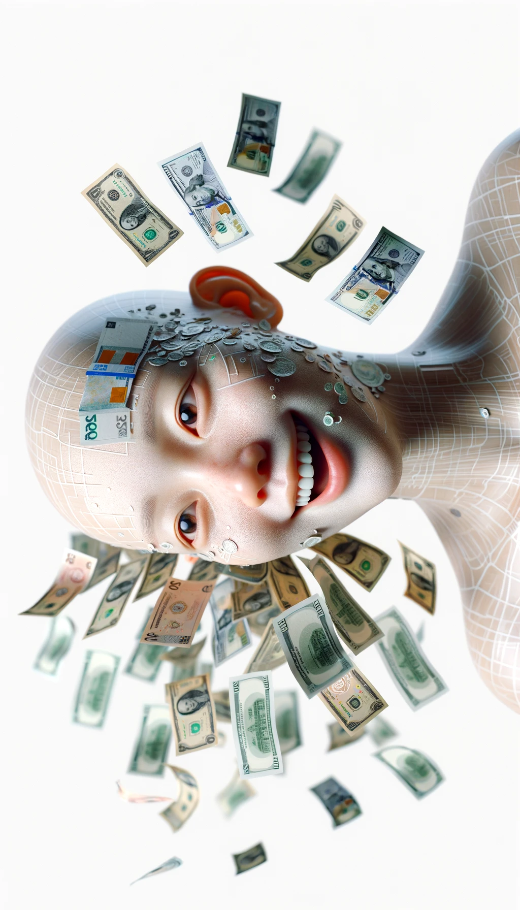 corpo umano anatomico sereno e felice con banconote sparse appiccicate sul corpo, colori realistici del corpo, espressione stupita, iperrealistica 4k, isolato su sfondo bianco emoji