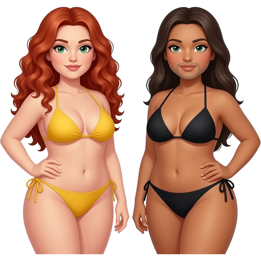 2 very curvy women, 1 redhead with long curly hair, green eyes in a yellow bikini, 1 brunette with black bikini,  the 1 man bald with light goatee emoji