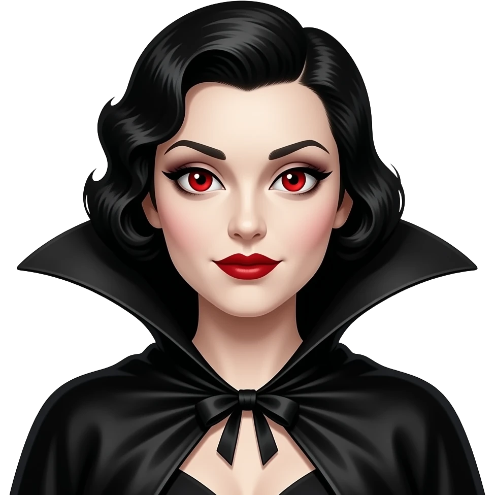Countess Dracula from Heroes and Villains with red eyes, black 30s hair, black silk cape emoji