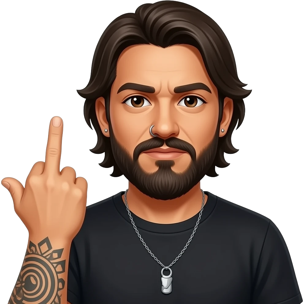 The handsome Latino podcast host with medium length hair, a long beard and tattoos with his ears pierced and a nose ring on the right side flipping somebody off with his middle finger emoji