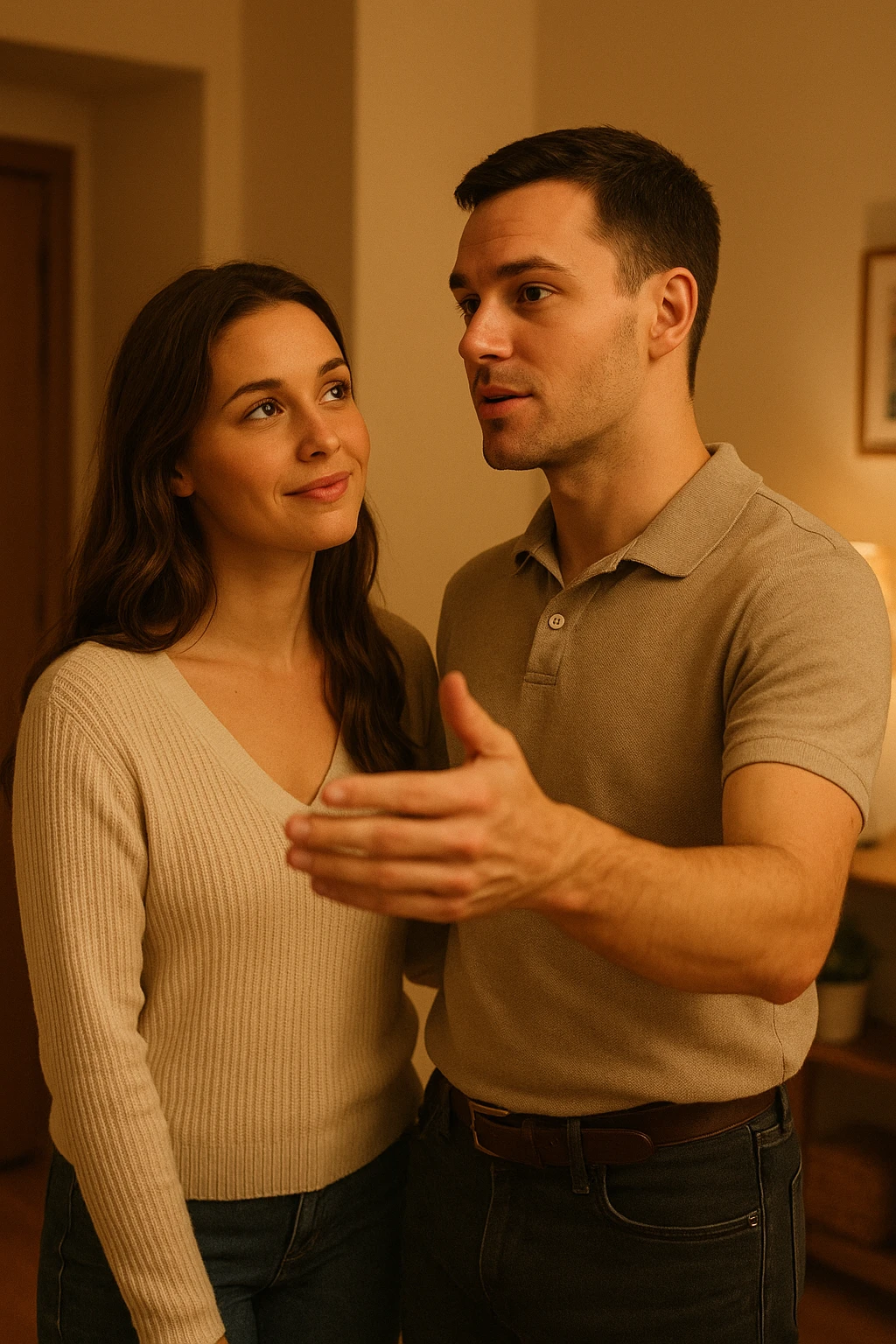a woman stands slightly behind a man in a domestic setting, looking at him con fiducia e attesa. Il man is upright, with a confident and decisive posture, gently gesturing as if giving direction. The woman’s body language is relaxed and receptive, showing that she trusts and follows his lead. The background is warm and softly lit, emphasizing the couple’s dynamic. emoji