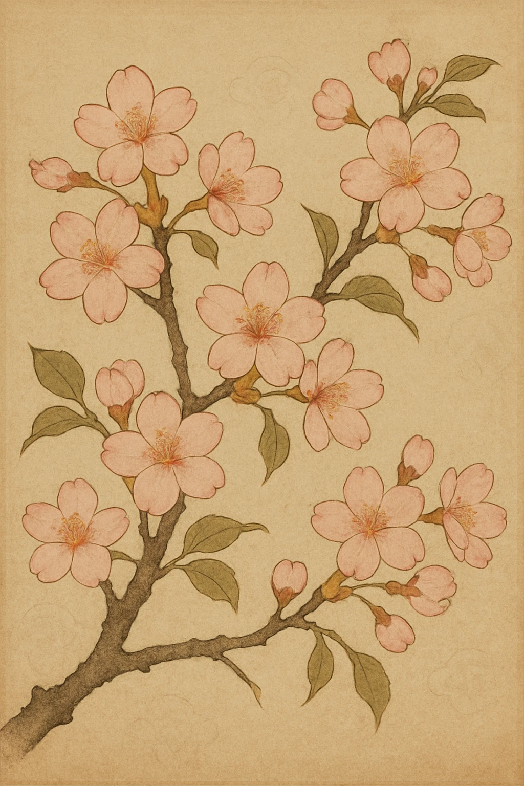 blooming cherry blossom branch with delicate pink flowers, traditional Japanese painting, gentle gradients, gold leaf highlights, nihonga style emoji