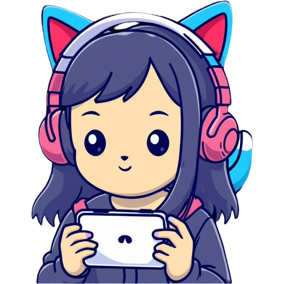 Super kawaii Japanese girl with long hair wearing cat ear headphones and holding a mobile phone emoji