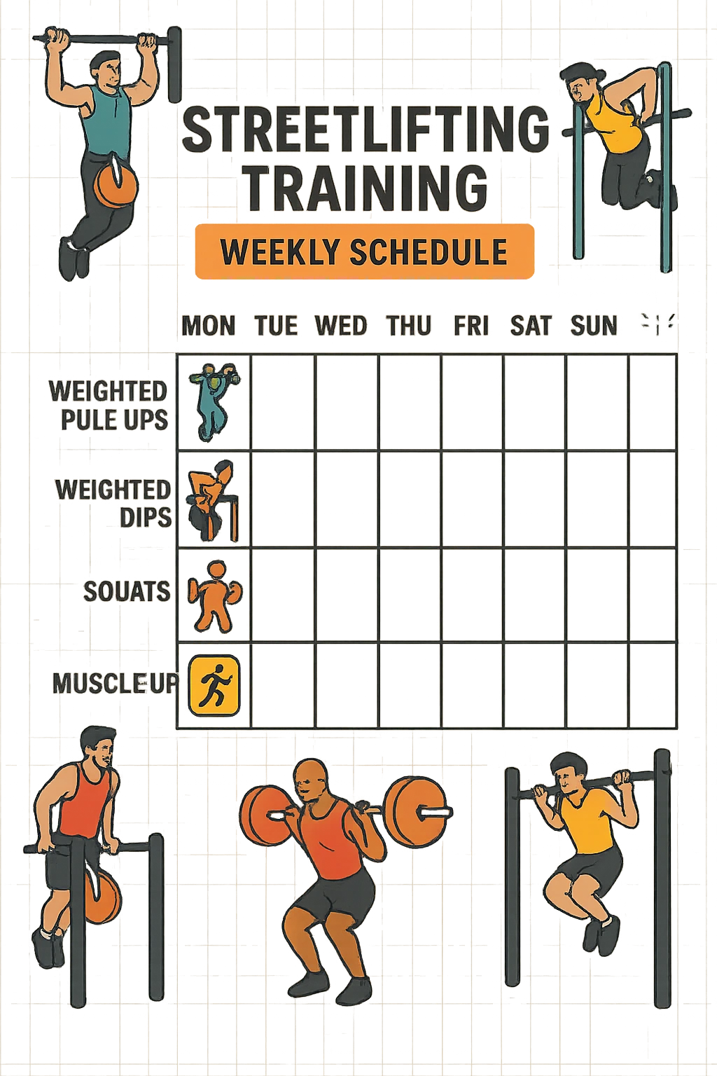 a streetlifting training sheet with icons for each exercise—weighted pull-ups, weighted dips, squats, muscle-ups—organized in a weekly schedule. Around the sheet, small illustrations show athletes performing each movement with proper form. The color palette is bold and energetic, and the background is clean and minimal. emoji
