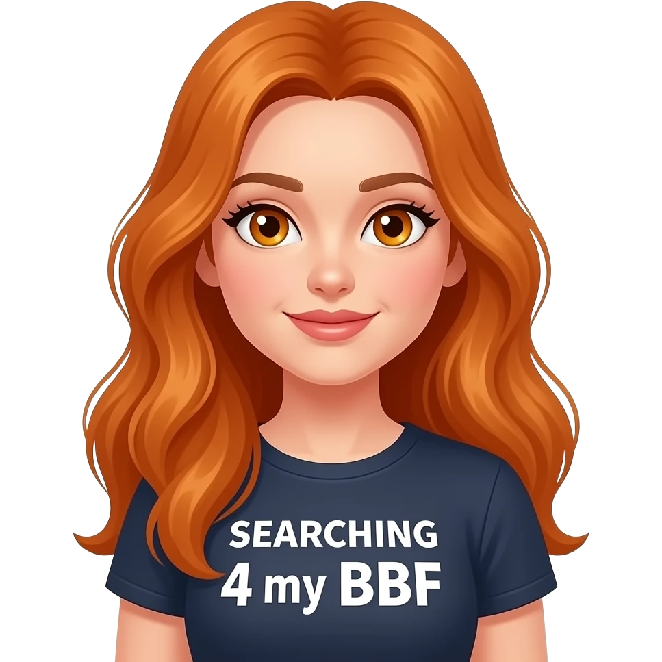 sexy girl with long ginger hair and ginger eyes a top with SEARCHING 4 my BBF written on it emoji
