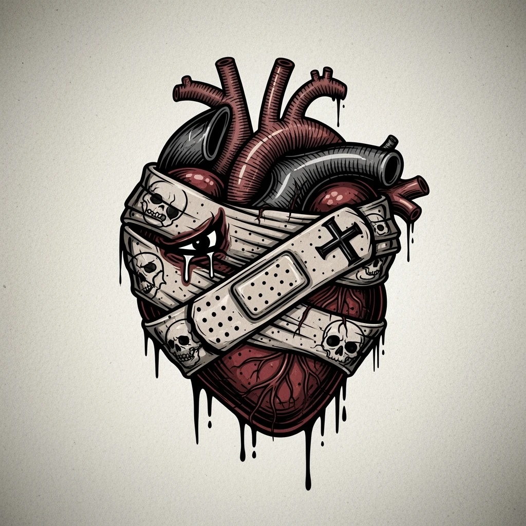 emo heart, bandaged, dark colors, subtle skull or cross motif, emotional expression emoji