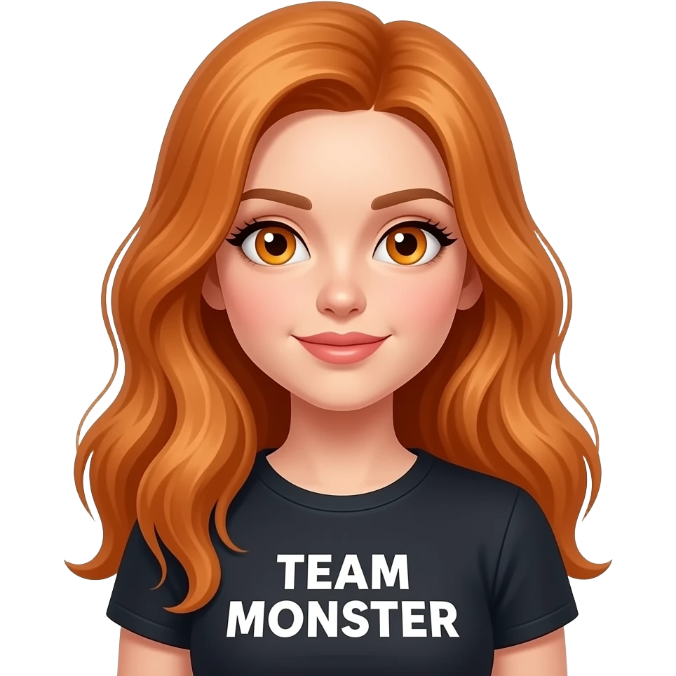 sexy girl with long ginger hair and ginger eyes a top with TEAM MONSTER written on it emoji