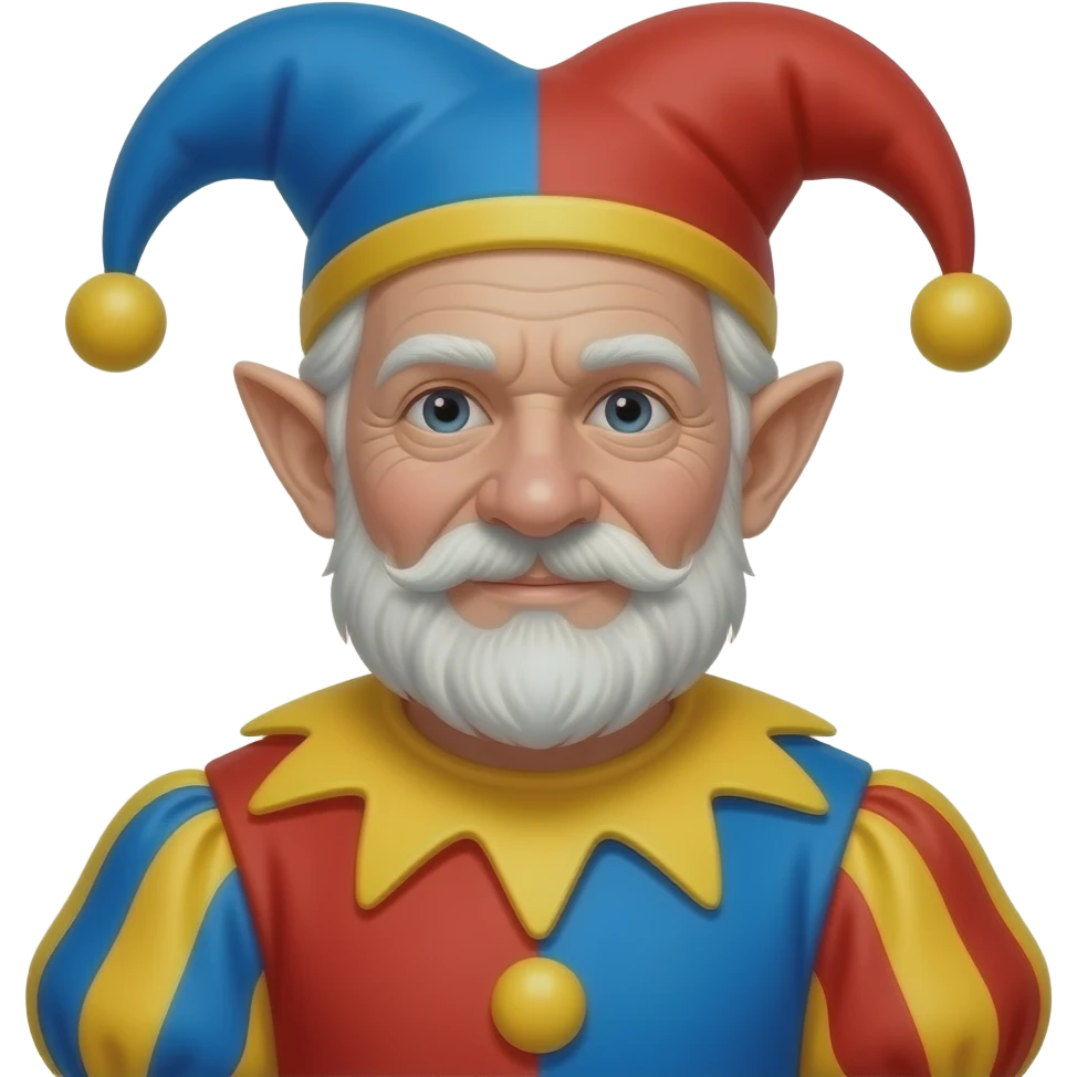 white male, elf ears, big nose, elderly, messy white hair, without beard, black eyes, dressed as a court jester, blue red and yellow emoji