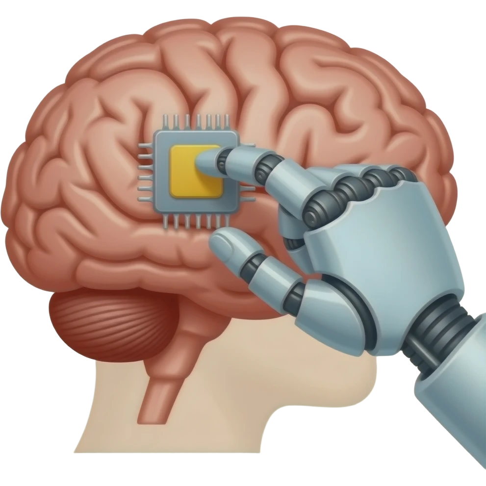Manos de un robot implantando un chip  atrás en el cerebro de un humano emoji