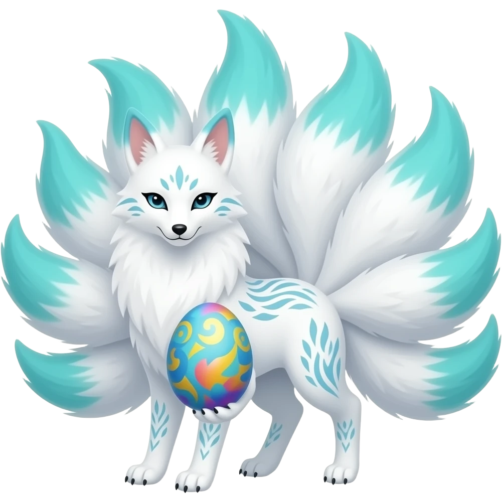 White with patterns blue green ombre tips and paws kitsune nine tails holding a colorful egg emoji